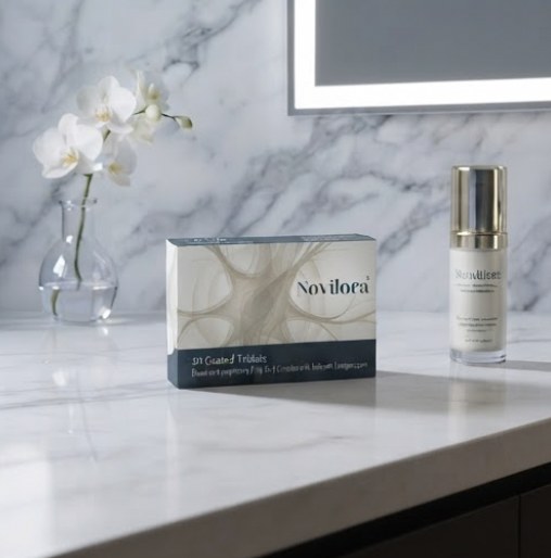 Novilora package on a marble vanity with orchid